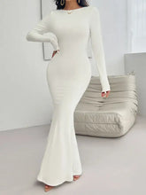 Long sleeve maxi white mermaid dress with backless round neck