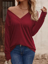 Women’s long sleeve off-shoulder deep V-neck burgundy top with cuff buttons