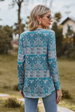Teal and white paisley long sleeve blouse with square neck and relaxed fit