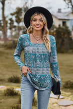 Teal and white paisley print long-sleeve blouse with square neck and relaxed fit