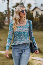 Blue and green paisley print long sleeve blouse with square neck