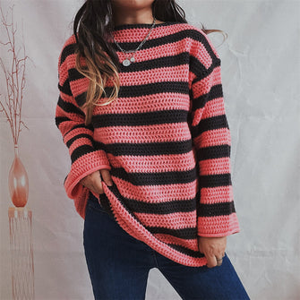 Long Sleeve Pink and Brown Striped Crochet Sweater Pullover Deep Rose