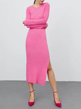 Long Sleeve Pink Ribbed Midi Dress with Side Slit Hot Pink
