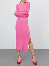 Long Sleeve Pink Ribbed Midi Dress with Side Slit Hot Pink Woman Sweater Dresses