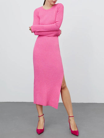 Long Sleeve Pink Ribbed Midi Dress with Side Slit Hot Pink
