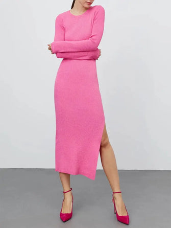 Long Sleeve Pink Ribbed Midi Dress with Side Slit Hot Pink Woman Sweater Dresses