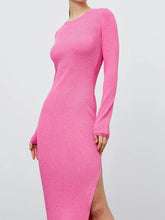Long Sleeve Pink Ribbed Midi Dress with Side Slit