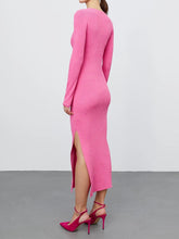Long Sleeve Pink Ribbed Midi Dress with Side Slit