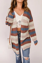 Long sleeve striped knit cardigan in brown, white, black with pockets