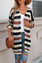 Long sleeve striped knit cardigan in brown, white, and black