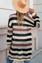 Long sleeve striped knit cardigan in brown, white, black with wide-brimmed hat
