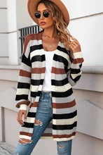 Long sleeve striped knit cardigan in brown, white, and black
