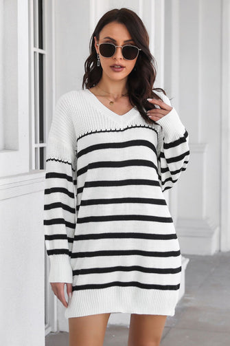 Striped Knit Sweater Dress with Long Sleeve Length Acrylic Ribbed V Neck White