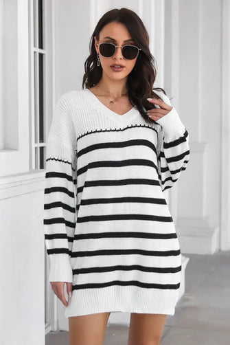 Striped Knit Sweater Dress with Long Sleeve Length Acrylic Ribbed V Neck White Woman Sweater Dresses