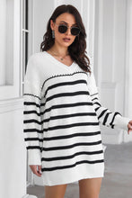 Striped Knit Sweater Dress with Long Sleeve Length Acrylic Ribbed V Neck