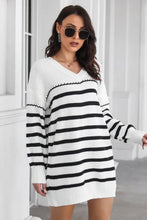 Striped Knit Sweater Dress with Long Sleeve Length Acrylic Ribbed V Neck Woman Sweater Dresses