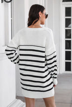 Striped Knit Sweater Dress with Long Sleeve Length Acrylic Ribbed V Neck