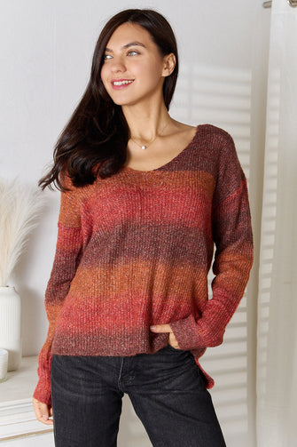 Long Sleeve Striped Knit Sweater Pullover for Women Brick Red