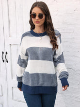 Long Sleeve Striped Knit Sweater Pullover for Women Dusty Blue