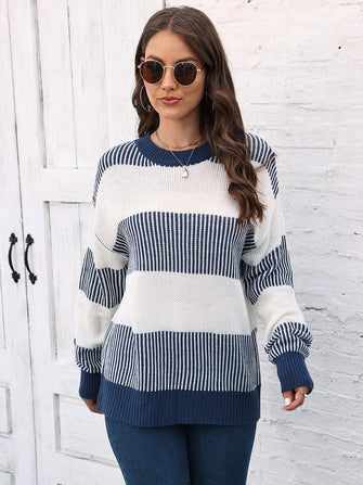 Long Sleeve Striped Knit Sweater Pullover for Women Dusty Blue