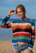 Colorful Long Sleeve Striped Open-Knit Crochet Sweater Cover-Up