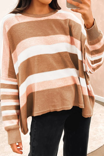 Long Sleeve Striped Sweater in Brown and Pink Tan