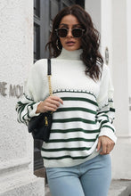 Long Sleeve Striped Turtleneck Sweater for Women Acrylic Pullover Dark Green