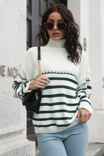 Long Sleeve Striped Turtleneck Sweater for Women Acrylic Pullover Dark Green