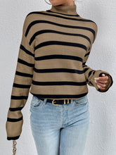 Long Sleeve Striped Turtleneck Sweater Pullover for Women Camel
