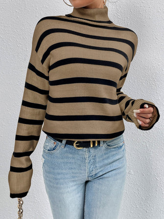 Long Sleeve Striped Turtleneck Sweater Pullover for Women Camel