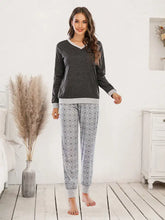 Long sleeve v-neck top and matching pants set in gray and white polka dot soft fabric for comfortable loungewear