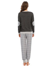 Long sleeve top and polka dot pants set in gray and white with elbow patches in a soft pajama fabric