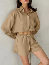 Beige cropped button-up shirt from Long Sleeve Top and Shorts Set