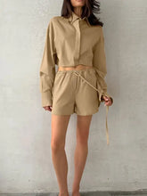 Beige cropped button-up long sleeve shirt from Long Sleeve Top and Shorts Set