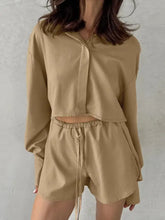 Beige oversized button-up shirt with relaxed fit and cropped hem from Long Sleeve Top and Shorts Set