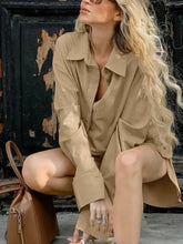 Beige oversized shirt with relaxed fit and subtle sheen in Long Sleeve Top and Shorts Set
