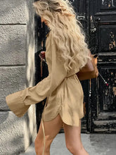 Tan belted shirt dress with long sleeves and side slit, Long Sleeve Top and Shorts Set