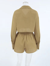 Tan long-sleeved jumpsuit with collar and elastic waistband set
