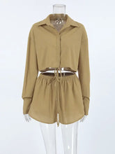 Long sleeve top and shorts set in tan with collar and elastic waistband