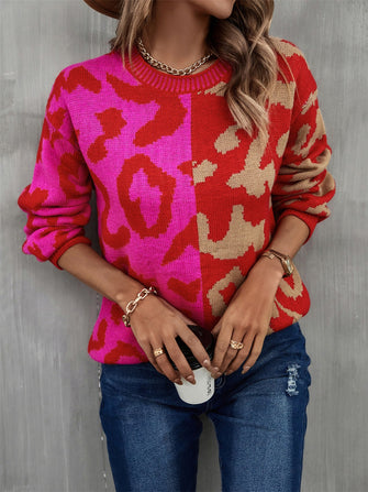 Long Sleeve Two Tone Leopard Print Sweater Pullover Brick Red