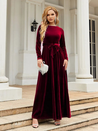 Long Sleeve Velvet Maxi Dress in Maroon Burgundy Burgundy