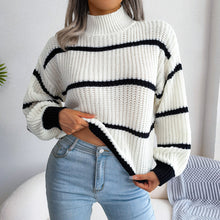 Long Sleeve White and Black Striped Sweater Pullover Light Gray