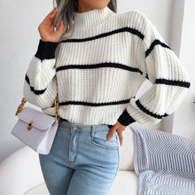Long sleeve white and black striped sweater pullover