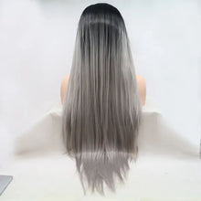 Long straight black to gray ombre heat safe synthetic wig