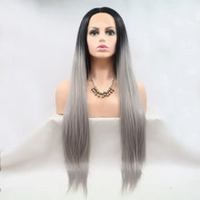 Long straight black to grey ombre heat safe synthetic wig on mannequin