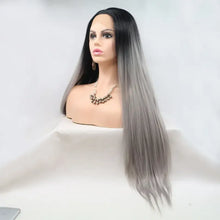 Long straight black to grey ombre heat safe synthetic wig