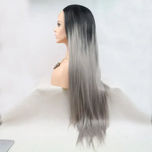 Long straight black to grey ombre heat safe synthetic wig on mannequin head