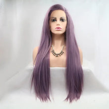 Long straight heat safe lavender purple wig on mannequin head