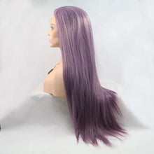 Long straight lavender purple heat safe synthetic wig on mannequin head