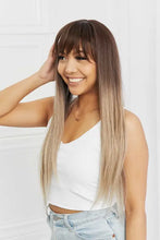 Long straight synthetic wig in ombre brown blonde with bangs, heat safe
